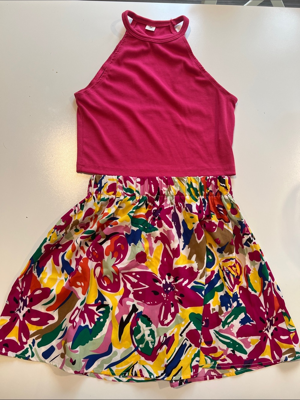 SHEIN Girls 2-Piece Matching Set Pink Halter Top & Floral Skirt Size 13Y